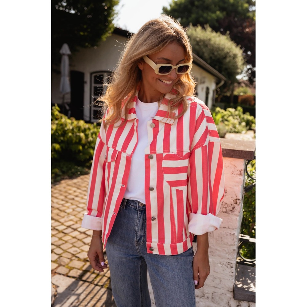 Easy Clothes Red White Striped Heart Pocket Denim Jacket Womens S/M NWT 6361